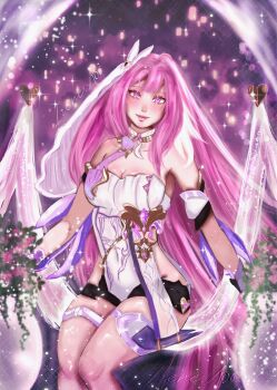 1girl artist_name bare_shoulders black_shorts breasts cleavage corset elysia_(herrscher_of_human:_ego)_(honkai_impact) elysia_(honkai_impact) hashtag-only_commentary highres honkai_(series) honkai_impact_3rd irener006 large_breasts long_hair on_swing pink_hair purple_eyes short_shorts shorts solo swing thigh_strap thighs triquetra very_long_hair white_corset white_hair