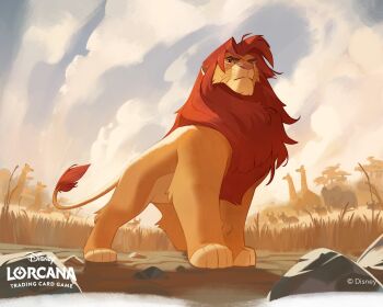 1boy animal_ears closed_mouth commentary copyright_logo copyright_name copyright_notice disney_lorcana elephant english_commentary giraffe grass highres lion lion_boy lion_ears lion_tail logo looking_ahead male_focus nicholas_kole no_humans official_art simba tail the_lion_king whiskers