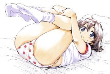 1girl ass black_eyes brown_hair commentary_request frown fujimaru_(bluebrand) full_body hugging_own_legs lips lying on_back original panties pillow polka_dot polka_dot_panties shirt socks solo t-shirt traditional_media underwear white_shirt white_socks