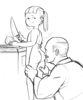 1boy 1girl :t age_difference apron ass facial_hair heikatsu highres holding knife loli long_sleeves looking_back monochrome mustache naked_apron no_panties old old_man onion original short_hair simple_background sketch smelling standing twintails white_background