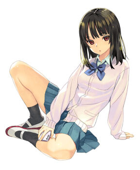 1girl arm_support black_hair black_socks blue_bow blue_shirt blue_skirt bow breasts cardigan cellphone collared_shirt commentary_request full_body holding holding_phone koutaro long_sleeves looking_at_viewer original parted_lips phone pleated_skirt red_eyes school_uniform shirt shoes simple_background skirt sleeves_past_wrists small_breasts socks solo uwabaki white_background white_cardigan white_shoes