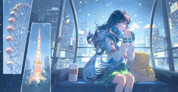 1girl absurdres backpack bag birthday black_hair blue_sky breath building chinese_commentary city city_lights commentary_request commission cup dated_commentary disposable_coffee_cup disposable_cup expressionless ferris_wheel ferris_wheel_interior fringe_trim green_sailor_collar green_skirt grey_scarf hands_up highres higurashi_kagome inuyasha long_hair looking_ahead looking_at_viewer looking_outside miniskirt neckerchief night night_sky no_smoking own_hands_together parted_lips plaid_clothes plaid_scarf pleated_skirt polora red_neckerchief sailor_collar sailor_shirt scarf school_uniform second-party_source serafuku shirt sitting skirt sky skyscraper sleeve_cuffs snowing solo steepled_fingers tokyo_(city) tokyo_tower unworn_backpack unworn_bag wavy_hair white_shirt winter yellow_bag