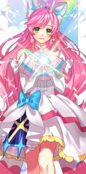 1girl absurdres border bow cure_prism dress elbow_gloves frilled_dress frills gloves green_eyes hair_bow highres hirogaru_sky!_precure long_hair looking_at_viewer magical_girl n-bata nijigaoka_mashiro pink_hair precure smile solo very_long_hair white_border white_bow white_dress white_gloves