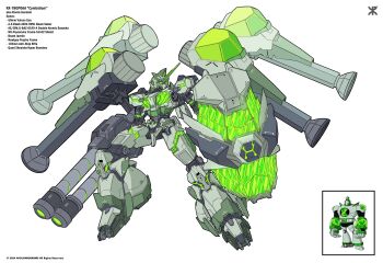 absurdres apoloniodraws atomix_(ben_10) bazooka_(gundam) ben_10 ben_10:_omniverse double-barreled_shotgun english_text green_highlights gun gundam gundam_gp-02_physalis hammer highres holding holding_hammer javelin_(spear) mecha mecha_focus mechanical_arms mechanical_wings no_humans official_art omnitrix robot shotgun weapon wings