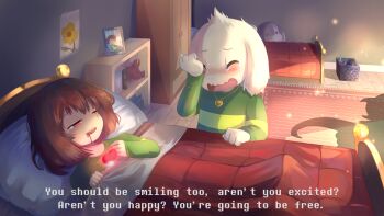 2boys 2girls asgore_dreemurr asriel_dreemurr bed bed_frame blood blood_from_mouth blush brown_hair cabinet carpet chara_(undertale) crying drawer dying fang flower goat_boy goat_girl gold_necklace green_shirt heart heart_necklace highres jewelry monster multiple_boys multiple_girls necklace nostrils open_mouth photo_(object) pillow red_eyes shirt silhouette skin_fang stuffed_toy takuyarawr tears teeth toriel undertale utdr_(toby_fox) white_fur wooden_floor yellow_flower