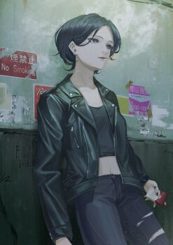 1girl absurdres against_wall arms_at_sides black_hair black_jacket black_nails black_pants black_shirt cigarette_pack commentary cowboy_shot crop_top doloyume ear_piercing earrings english_commentary eyelashes grey_eyes highres holding holding_cigarette_pack jacket jewelry leaning_back leather leather_jacket long_sleeves midriff mouth_hold multiple_earrings navel no_smoking open_clothes open_jacket original pants parted_bangs parted_lips piercing pocket poster_(object) profanity ring shirt short_hair smoke smoke_trail smoking solo thumb_ring torn_clothes torn_pants unzipped zipper zipper_pull_tab