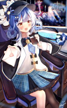 Rule 34 | 1girl, blue hair, blush, bow, bowtie, braid, capelet, commentary request, detective, hair ornament, hat, highres, hime cut, letter, love letter, magical girl, mahou shoujo no majo saiban, open mouth, orange eyes, rovpsama, short hair, smile, tachibana sherry, twin braids