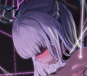 Rule 34 | 1girl, blush, bon (pixiv84768737), close-up, commentary request, fate/grand order, fate (series), grey hair, highres, long hair, morgan le fay (fate), saliva, shaded face, solo, tongue, tongue out