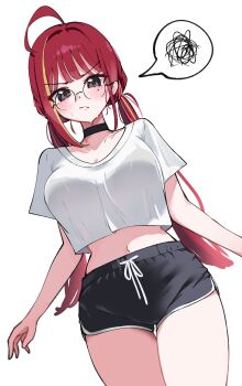 1girl absurdres ahoge akane_lize arms_at_sides black_choker black_shorts blush bra_visible_through_clothes breasts choker choppy_bangs cleavage closed_mouth cowboy_shot crop_top crop_top_overhang cropped_shirt dolphin_shorts dutch_angle glasses grey_eyes hashtag-only_commentary highres large_breasts long_hair looking_at_viewer midriff mole mole_under_eye multicolored_hair navel red_hair red_pupils round_eyewear shirt short_shorts short_sleeves shorts simple_background slit_pupils solo speech_bubble spoken_squiggle squiggle standing stellive streaked_hair sweat twintails v-shaped_eyebrows very_long_hair virtual_youtuber white_background white_shirt yeomhwauranyum