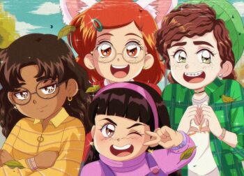 1990s_(style) 4girls abby_(turning_red) animification beanie black_hair braces brenni_murasaki brown_eyes brown_hair clip_studio_paint_(medium) commentary crossover dark-skinned_female dark_skin disney earrings faux_retro_artstyle glasses hat jewelry looking_at_viewer meilin_lee miriam_(turning_red) multiple_girls open_mouth overalls pixar priya_(turning_red) retro_artstyle shirt smile symbol-only_commentary turning_red