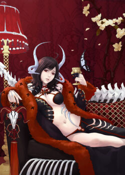 1girl black_hair breasts bug butterfly cleavage demon_girl eat eat0123 female_focus horns insect lying navel on_side original red_eyes solo