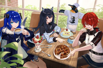 3girls :q absurdres animal animal_ear_fluff animal_ears apple_pie arknights bird black_hair black_horns black_jacket black_pantyhose black_sleeves blue_eyes blue_hair cake cake_slice chain chain_necklace closed_mouth clothes_writing coffee commentary cup day drink exusiai_(arknights) food food_on_face fork fruit fur_trim gold_chain hair_between_eyes hair_over_one_eye halo heart highres holding holding_drink holding_fork horns ice_cream indoors jacket jewelry leaf long_hair long_sleeves looking_at_another looking_at_viewer mostima_(arknights) multiple_girls necklace one_eye_covered open_clothes open_jacket orange_eyes pantyhose penguin penguin_logistics_(arknights) penguin_logistics_logo pie plant plate pointing red_hair restaurant shirt short_hair short_sleeves sitting smile spoon strawberry sunglasses t-shirt table takiren teacup texas_(arknights) tongue tongue_out traditional_halo white_jacket white_shirt window wolf_ears wolf_girl wooden_table yellow_halo