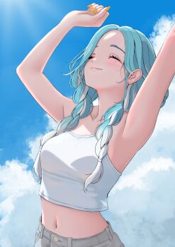 1girl ^_^ armpits arms_up blue_hair blue_sky blush braid breasts camisole closed_eyes closed_mouth cloud cloudy_sky crop_top long_hair medium_breasts midriff nail_polish navel noli-pee_(little_stupid) orange_nails shiranami_ramune shiranami_ramune_(4th_costume) sky smile solo twin_braids upper_body virtual_youtuber vspo! white_camisole