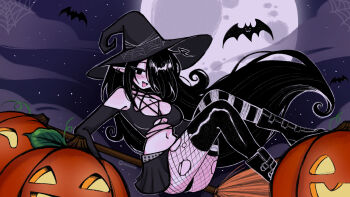 1girl artist_name asymmetrical_legwear bare_shoulders bat_(animal) black_boots black_hair black_hat black_skirt blush boots breasts broom broom_riding cleavage cloud commentary ear_piercing english_commentary eyelashes fang fishnet_pantyhose fishnets full_moon hair_over_one_eye halloween hat highres jack-o&#039;-lantern long_hair megrocks midriff mismatched_legwear mismatched_thighhighs moon navel night night_sky open_mouth original pantyhose patreon_logo patreon_username piercing pointy_ears silk skirt sky smile solo spider_web star_(sky) starry_sky thighhighs thighhighs_over_pantyhose torn_clothes torn_pantyhose underboob very_long_hair witch witch_hat