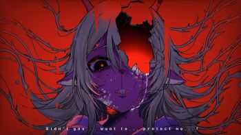 1girl animal_ears black_eyes blonde_hair blood commentary cracked_skin crumbling deer_ears deer_girl deltarune english_commentary english_text floating_hair furry furry_female highres marshmallow_(vocaloid) noelle_holiday portrait red_background red_pupils solo ssyyk1sk tears utdr_(toby_fox) weird_route_(deltarune)