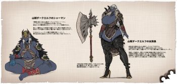 1girl animal_print armor axe bandaged_arm bandages bare_shoulders barefoot belt belt_buckle black_footwear black_horns border breasts buckle circlet closed_mouth colored_skin covered_erect_nipples dark_elf elf facial_mark fantasy feather_trim feathers gem green_gemstone grey_hair grey_skin hair_between_eyes hatching_(texture) high_heels highres horns huge_breasts huge_weapon indian_style jewelry long_hair multiple_views necklace no_pupils orange_eyes original pauldrons pelt pointy_ears potion ring shoulder_armor sitting sketch smile spacezin spikes standing thick_thighs thighs third_eye tiger_print toenails translation_request vambraces weapon white_border