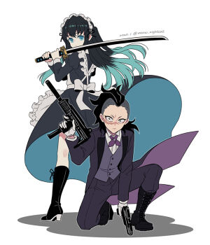 &gt;:( 2boys alternate_costume apron aqua_eyes aqua_streaks back_bow black_boots black_dress black_eyes black_hair black_jacket black_pants black_suit boots bow closed_mouth coattails commentary_request cross_tie crossdressing crossdressing_(mtf) dated dress enmaided facial_scar formal_clothes frilled_apron frills full_body gloves grey_vest gun handgun holding holding_gun holding_sword holding_weapon jacket juliet_sleeves katana kimetsu_no_yaiba long_hair long_sleeves looking_at_viewer machine_gun maid maid_apron maid_headdress male_focus male_maid mohawk multiple_boys neck_ribbon nightcat on_one_knee open_clothes open_jacket pants puffy_sleeves ribbon scar scar_on_cheek scar_on_face shinazugawa_genya simple_background standing suit suit_jacket sword tokitou_muichirou twitter_username v-shaped_eyebrows vest weapon weapon_request white_apron white_background white_gloves