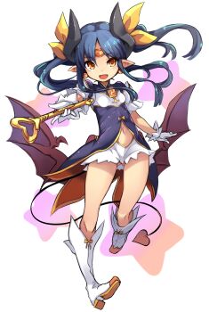 1girl :d boots breasts circlet clothing_cutout demon_tail gloves highres holding holding_wand karukan_(monjya) long_hair navel navel_cutout open_mouth parted_bangs pointy_ears ruruie_(shinrabanshou) shinrabanshou small_breasts smile solo tail twintails wand white_boots white_gloves wings yellow_eyes