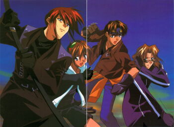 1990s_(style) 4boys absurdres belt blue_eyes brown_eyes brown_hair claw_(weapon) coat fujimiya_ran gloves goggles goggles_on_head hidaka_ken highres jacket kudou_youji long_hair long_sleeves looking_at_viewer magazine_scan male_focus military_uniform multiple_boys non-web_source official_art open_mouth pants red_hair retro_artstyle scan shirt short_hair smile standing sunglasses sword trench_coat tsukiyono_omi turtleneck weapon weiss_kreuz
