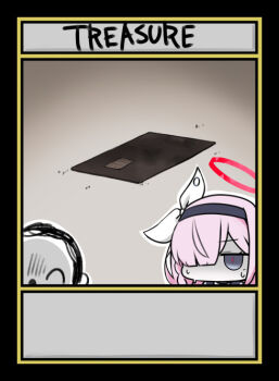 Rule 34 | 1boy, 1girl, black hairband, blue archive, braid, burnt, card (medium), chibi, closed eyes, credit card, doodle sensei (blue archive), grey eyes, hair over one eye, hair ribbon, hairband, halo, miranofuudoria, pink hair, plana (blue archive), ribbon, sensei (blue archive), sweat, turn pale, white ribbon