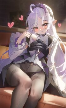 1girl ahoge ascot black_nails black_panties blush bow bowtie breast_curtains breasts buruma center_frills couch dress frills heart highres large_breasts long_hair looking_at_viewer majo_(pastamajo) mole mole_under_eye multicolored_hair open_clothes panties panties_under_buruma pantyhose patterned_legwear pointy_ears purple_ascot purple_bow purple_bowtie purple_hair red_eyes shirt sideboob_cutout sitting smile solo streaked_hair underwear vivian_banshee zenless_zone_zero