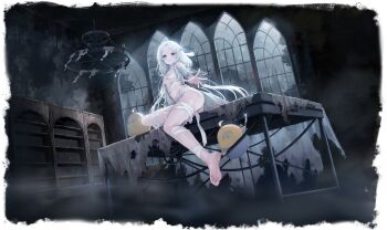 1girl absurdres ahoge ass azur_lane baby_animal bandaged_arm bandaged_leg bandages barefoot bird blue_eyes blush breasts broken_glass ceiling_light chandelier chick closed_mouth desk dolphin_(azur_lane) dolphin_(incantation_of_revival)_(azur_lane) feet from_below glass hair_ornament halloween halloween_costume highres indoors legs logo long_hair long_sleeves looking_at_viewer low_twintails manjuu_(azur_lane) moonlight mummy_costume naked_bandage navel night no_shoes non-web_source official_alternate_costume official_art on_table outstretched_arm outstretched_arms outstretched_hand parted_bangs petite prison reaching reaching_towards_viewer revealing_clothes silk sitting sitting_on_table small_breasts soles solo spider_web stomach table thighs toes torn_clothes twintails very_long_hair white_hair window