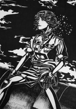 1girl afrika_korps aircraft airplane black_gloves bob_cut bordfunker133 breast_pocket breasts commentary_request cross fighter_jet genderswap genderswap_(mtf) gloves greyscale grin hans-joachim_marseille highres iron_cross lipstick looking_ahead makeup marseille-chan_(bordfunker133) medium_hair military military_vehicle monochrome nazi original photo_(medium) pocket real_life reichsadler shirt short_sleeves shorts shoulder_boards sitting small_breasts smile soldier solo sparkle swastika world_war_ii