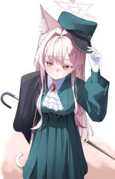 1girl absurdres adjusting_clothes adjusting_headwear akira_(blue_archive) animal_ear_fluff animal_ears black_cape blue_archive blush cane cape cat_ears cat_girl cat_tail closed_mouth coat dere_mono_j gloves green_coat green_hat halo hat highres holding holding_cane long_hair looking_at_viewer official_alternate_costume peaked_cap pink_eyes pink_hair pink_halo side_cape sidelocks smile solo tail white_gloves
