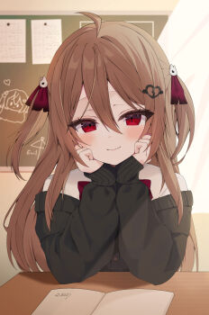 1girl absurdres ahoge black_cardigan blush bow bowtie broken_heart broken_heart_hair_ornament brown_hair cardigan chalkboard classroom closed_mouth commentary commission desk dress_shirt english_commentary evil_neuro-sama hair_between_eyes hair_ornament heart highres iiii_gogo indoors long_hair long_sleeves looking_at_viewer neuro-sama notebook off-shoulder_cardigan red_bow red_bowtie red_eyes red_ribbon ribbon school_desk second-party_source shirt skull_hair_ornament smile solo torn_hair_ribbon two_side_up upper_body vedal_ai virtual_youtuber white_shirt