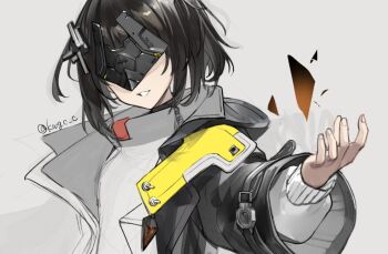 1girl arknights arknights:_endfield black_coat black_hair coat endministrator_(arknights) eye_mask female_endministrator_(arknights) grey_background hair_ornament hairclip kawaguchi_(mojacome) mask open_clothes open_coat short_hair sidelocks simple_background solo sweater twitter_username white_sweater