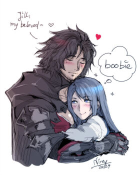 1boy 1girl 2024 armor armored_gloves artist_name beard_stubble black_armor black_cloak black_hair blue_vest blush clive_rosfield cloak closed_eyes closed_mouth couple english_text facial_hair facial_scar final_fantasy final_fantasy_xvi grey_eyes grey_hair herzloserengel hetero highres hug jill_warrick long_hair pectorals red_vest scar scar_on_cheek scar_on_face shirt short_hair shoulder_armor smile sparkle stubble upper_body vest white_background white_shirt