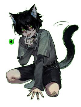 1boy animal_ears bead_necklace beads black_hair black_nails black_shorts blush cat_boy cat_ears cat_tail collar degrees_of_lewdity fangs green_eyes grey_shirt heart highres jewelry kylar_(degrees_of_lewdity) kylar_(male)_(degrees_of_lewdity) layered_sleeves looking_at_viewer male_focus multiple_rings n.e.k.o nail_polish necklace open_mouth ring shirt short_hair shorts simple_background sitting smile solo solublesalt123 tail white_background