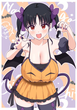 1girl argyle_clothes argyle_thighhighs arm_up armpit_crease bare_shoulders black_hair black_trim black_wings blush bow breasts choppy_bangs cleavage collarbone commentary cosplay cowboy_shot demon_girl demon_tail demon_wings dress english_text fangs fingernails frilled_dress frills hair_bow halloween halloween_costume hand_up highres huge_breasts long_fingernails looking_at_viewer medium_hair nagachichi_chika_idol-chan_(yue_(show-ei)) open_mouth original purple_bow purple_nails purple_thighhighs red_eyes short_dress sidelocks solo spaghetti_strap speech_bubble straight-on symbol-only_commentary tail taut_clothes taut_dress thighhighs thighs twintails wings yue_(show-ei)