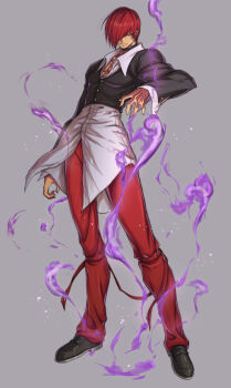 Rule 34 | 1boy, black choker, black shoes, choker, fire, full body, grey background, hair over one eye, itouei, long sleeves, looking at viewer, male focus, pants, purple fire, pyrokinesis, red eyes, red hair, red pants, shoes, simple background, snk, solo, standing, the king of fighters, yagami iori