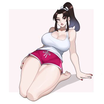 1girl absurdres bare_shoulders barefoot breasts brown_hair cleavage collarbone dolphin_shorts fatal_fury female_focus high_ponytail highres large_breasts long_hair official_alternate_costume open_mouth pink_shorts ponytail red_nails shiranui_mai shiranui_mai_(casual) short_shorts shorts snk solo source_request street_fighter street_fighter_6 tank_top toes white_background white_tank_top whysoblau