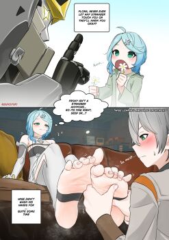 1girl bare_shoulders barefoot blue_hair blush breasts cleavage elbow_gloves english_text feet foot_focus foot_massage gloves highres massage open_mouth robot seed_(zenless_zone_zero) seed_sr. small_breasts smile speech_bubble sunoyukey wise_(zenless_zone_zero) zenless_zone_zero