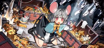 +_+ 1girl animal_ear_fluff animal_ears basket black_dress black_shoes blue_capelet blush bottle bow bowtie capelet coin commentary_request dowsing_rod dress game_cg gem gold_coin green_gemstone grey_hair hachihito holding holding_with_tail jewelry loafers long_sleeves mouse_(animal) mouse_ears mouse_girl mouse_tail nazrin necklace official_art open_mouth pearl_necklace pendant prehensile_tail red_gemstone shoes sitting socks solo tail third-party_source touhou touhou_gensou_eclipse treasure_chest white_socks yellow_bow yellow_bowtie