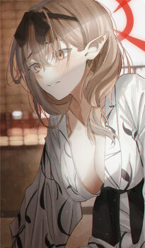 Rule 34 | 1girl, black hairband, black sash, blue archive, blush, breasts, brown eyes, brown hair, chinatsu (blue archive), chinatsu (hot spring) (blue archive), commentary request, hair over shoulder, hairband, halo, highres, japanese clothes, kangshi, kimono, large breasts, long hair, looking ahead, official alternate costume, official alternate hairstyle, parted lips, pointy ears, red halo, sash, solo, very long hair, white kimono