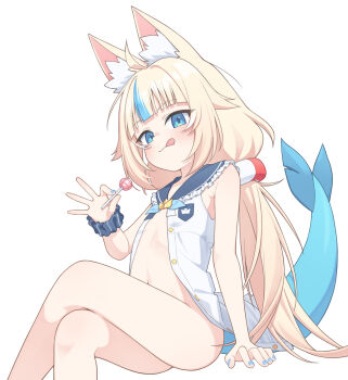 1girl animal_ear_fluff animal_ears armpit_crease ass blonde_hair blue_nails blue_streaks bottomless candy cat_ears fins fish_girl fish_tail flat_chest food holding holding_candy holding_food holding_lollipop indie_virtual_youtuber licking_lips lifebuoy_hair_ornament loli lollipop long_hair looking_at_viewer multicolored_hair navel no_bra sameko_saba sameko_saba_(1st_costume) scrunchie sitting solo stalking stomach streaked_hair tail thighs tongue tongue_out ugaaaa1 very_long_hair virtual_youtuber wrist_scrunchie