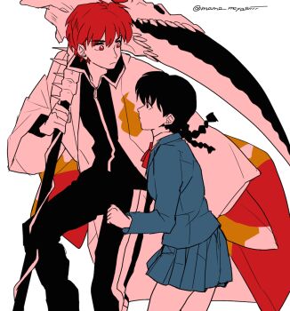 Rule 34 | 1boy, 1girl, black eyes, black hair, black jacket, braid, haori, holding, holding scythe, jacket, japanese clothes, juumonji tsubasa, kyoukai no rinne, looking at another, low twin braids, mame moyashi, mamiya sakura, red eyes, red hair, school uniform, scythe, short hair, simple background, skirt, twin braids, white background