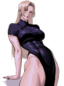 Rule 34 | 1girl, absurdres, arm support, blonde hair, bottomless, china dress, chinese clothes, cowboy shot, dress, expressionless, highres, jujutsu kaisen, long hair, no panties, parted bangs, pelvic curtain, solo, standing, tsukumo yuki (jujutsu kaisen), white background, xlee knightiii