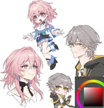 1boy 1girl black_coat blue_skirt blush caelus_(honkai:_star_rail) chibi coat grey_hair honkai:_star_rail honkai_(series) march_7th_(honkai:_star_rail) pink_hair simple_background skirt trailblazer_(honkai:_star_rail) white_background yellow_eyes yugi_hearts077