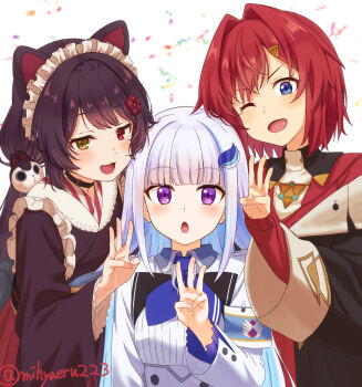 3girls :3 :o absurdres ange_katrina ange_katrina_(1st_costume) animal_ears animal_hair_ornament armband black_coat blue_armband blue_eyes blue_hair blue_neckerchief blunt_bangs blurry blurry_background blush breasts brown_collar brown_hair brown_kimono cardigan coat collar collared_shrug colored_inner_hair commentary_request confetti dog_ears dog_girl eyelashes fangs finger_counting flower frilled_sleeves frills group_picture hair_flower hair_intakes hair_ornament hand_up heterochromia highres inui_toko inui_toko_(1st_costume) japanese_clothes kimono lize_helesta lize_helesta_(1st_costume) long_hair long_sleeves looking_at_viewer maid_headdress medium_hair mihyaeeru multicolored_hair multiple_girls neckerchief nijisanji off_shoulder one_eye_closed open_mouth purple_eyes red_cardigan red_eyes red_hair sanbaka_(nijisanji) shirt shirt_tucked_in shrug_(clothing) sleeves_past_wrists small_breasts smile streaked_hair streamers triangle_hair_ornament twitter_username two-tone_hair underbust very_long_hair virtual_youtuber white_background white_hair white_headdress white_shirt white_shrug yellow_eyes