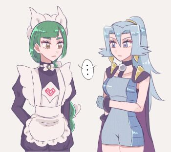 2girls apron ascot black_cape black_romper blue_bodysuit blue_eyes blue_gloves blue_hair blunt_bangs bodysuit bow bowtie braid braided_ponytail breasts cape clair_(pokemon) earrings frilled_ascot frills gem gloves green_hair hair_between_eyes jewelry juliet_sleeves lebanne_(pokemon) long_braid long_hair long_sleeves maid_apron maid_headdress multiple_girls nintendo pearl_(gemstone) pink_lips pokemon pokemon_hgss pokemon_legends:_z-a ponytail puffy_sleeves romper tooth_earrings trait_connection unitard upper_body uvwo4 white_bow white_bowtie