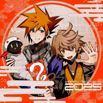 Rule 34 | 2boys, blonde hair, blue eyes, blush, ear piercing, eme (204), eyebrows hidden by hair, grey scarf, happy new year, holding, holding stuffed toy, kanade rindo, male focus, multiple boys, new year, nyantan, orange hair, piercing, sakuraba neku, scarf, shin subarashiki kono sekai, spiked hair, stuffed animal, stuffed cat, stuffed toy, subarashiki kono sekai, upper body, waving