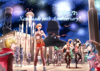 6+boys 6+girls anna_(xenoblade_1) arm_around_shoulder armu_(xenoblade) berryjammy_(xenoblade) black_hair blonde_hair blush building cityscape dunban_(xenoblade) everyone ewan_(xenoblade) fireworks from_below gowago_(xenoblade) hat highres juju_(xenoblade) kiroki_(xenoblade) lamppost lantern linada_(xenoblade) ma&#039;crish_(xenoblade) matryona_(xenoblade) melia_antiqua mercury_xeno miniskirt multiple_boys multiple_girls nene_(xenoblade) night nikita_(xenoblade) nintendo nopo&#039;rikh_(xenoblade) nopon norara_(xenoblade) otharon_(xenoblade) outdoors pama_(xenoblade) pterix_(xenoblade) red_hair reyn_(xenoblade) riki_(xenoblade) rosemary_(xenoblade) sharla_(xenoblade) shilx_(xenoblade) short_hair shulk_(xenoblade) silver_hair skirt thighhighs tree vanea_(xenoblade) watchtower xenoblade_chronicles_(series) xenoblade_chronicles_1 xenoblade_chronicles_(series) yura_(xenoblade)