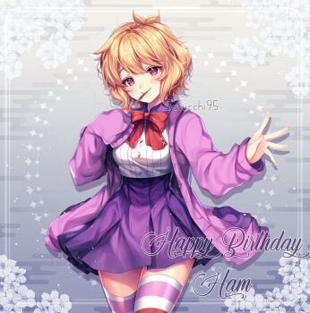 Rule 34 | 1girl, antenna hair, blonde hair, blush, borrowed character, bow, bowtie, breasts, buttons, cardigan, closed mouth, commentary, cowboy shot, double-parted bangs, drop shadow, english commentary, floral background, flower, food, food in mouth, gift art, grey background, hair between eyes, hand on own chest, hands up, happy birthday, head tilt, high-waist skirt, highres, horizontal-striped thighhighs, inset border, light particles, long sleeves, looking at viewer, miniskirt, mouth hold, open cardigan, open clothes, original, pleated skirt, pocky, pocky in mouth, puffy long sleeves, puffy sleeves, purple cardigan, purple skirt, purple thighhighs, red bow, red bowtie, red eyes, red thighhighs, sasucchi95, shirt, shirt tucked in, short hair, simple background, skirt, sleeves past fingers, sleeves past wrists, small breasts, smile, solo, sparkle, standing, thighhighs, white flower, white shirt, white thighhighs, zettai ryouiki