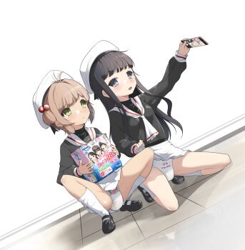 2girls absurdres ahoge ameharu black_eyes black_hair black_shirt black_shoes blush brown_hair cardcaptor_sakura cellphone clothes_lift daidouji_tomoyo diaper diaper_package diaper_peek diaper_under_clothes green_eyes hair_bobbles hair_ornament hat highres kinomoto_sakura kneeling lifting_own_clothes loli long_hair miniskirt multiple_girls open_mouth pee peeing peeing_diaper peeing_self phone pleated_skirt print_diaper pull-up_diaper school_uniform serafuku shirt shoes short_hair skirt skirt_lift smartphone smile socks spread_legs squatting taking_picture thighs tile_floor tiles two_side_up wet_diaper white_diaper white_hat white_skirt white_socks