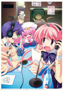&gt;_&lt; 1boy 1other 4girls absurdres afro anger_vein angry antenna_hair aoi_sena bent_over black_hair blazer blonde_hair blood_tune blush bottle bow bowtie breast_rest breasts breasts_on_table brown_jacket buttons chaos;head character_request chibi chibi_inset cleavage_cutout closed_eyes clothing_cutout collarbone collared_shirt covered_erect_nipples dark_skin desk detached_sleeves drawing_(object) earrings ears_visible_through_hair everyone excited fangs fingerless_gloves food food_in_mouth glasses gloves glowing_glasses grey_eyes hair_ornament hands_on_table hat headphones highres holding holding_headphones holding_paper holding_pencil jacket jewelry kusunoki_yua leaning_forward long_hair looking_at_another matsuo_yukihiro microphone miniskirt multiple_girls narrowed_eyes necktie nishijou_takumi non-web_source open_collar open_mouth paper pearl_earrings peeking pen pencil pervert pink_eyes pink_hair plaid_bow plaid_bowtie plaid_clothes plaid_necktie plaid_skirt pleated_skirt popsicle popsicle_in_mouth purple_eyes purple_hair radio red_necktie sakihata_rimi school_emblem school_uniform science_adventure script seira_orgel shirt short_hair sketch skirt suimei_school_uniform surprised sweat sweatdrop tongue tongue_out translation_request water_bottle white_hat white_shirt