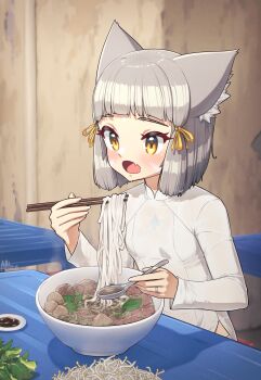 1girl alt_text alten animal_ears ao_dai breasts cat_ears cat_girl chopsticks commentary core_crystal_(xenoblade) dated_commentary dress english_commentary fang food grey_hair highres holding holding_chopsticks indoors jewelry long_sleeves nia_(xenoblade) noodles open_mouth pho ring short_hair skin_fang small_breasts solo table tareme vietnam vietnamese_clothes wedding_ring white_dress wooden_wall xenoblade_chronicles_(series) xenoblade_chronicles_2 yellow_eyes